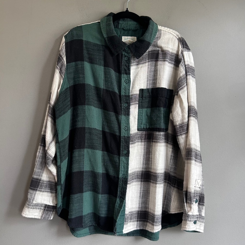 American Eagle Green White Buffalo Plaid Colorblock Flannel Shirt Mens Medium